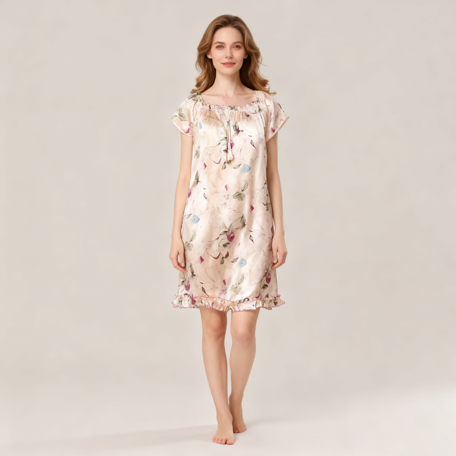 Silk Nightgown Women 100% Mulberry Silk Short Sleeve Floral Sleepwear Soft REAL SILK LIFE