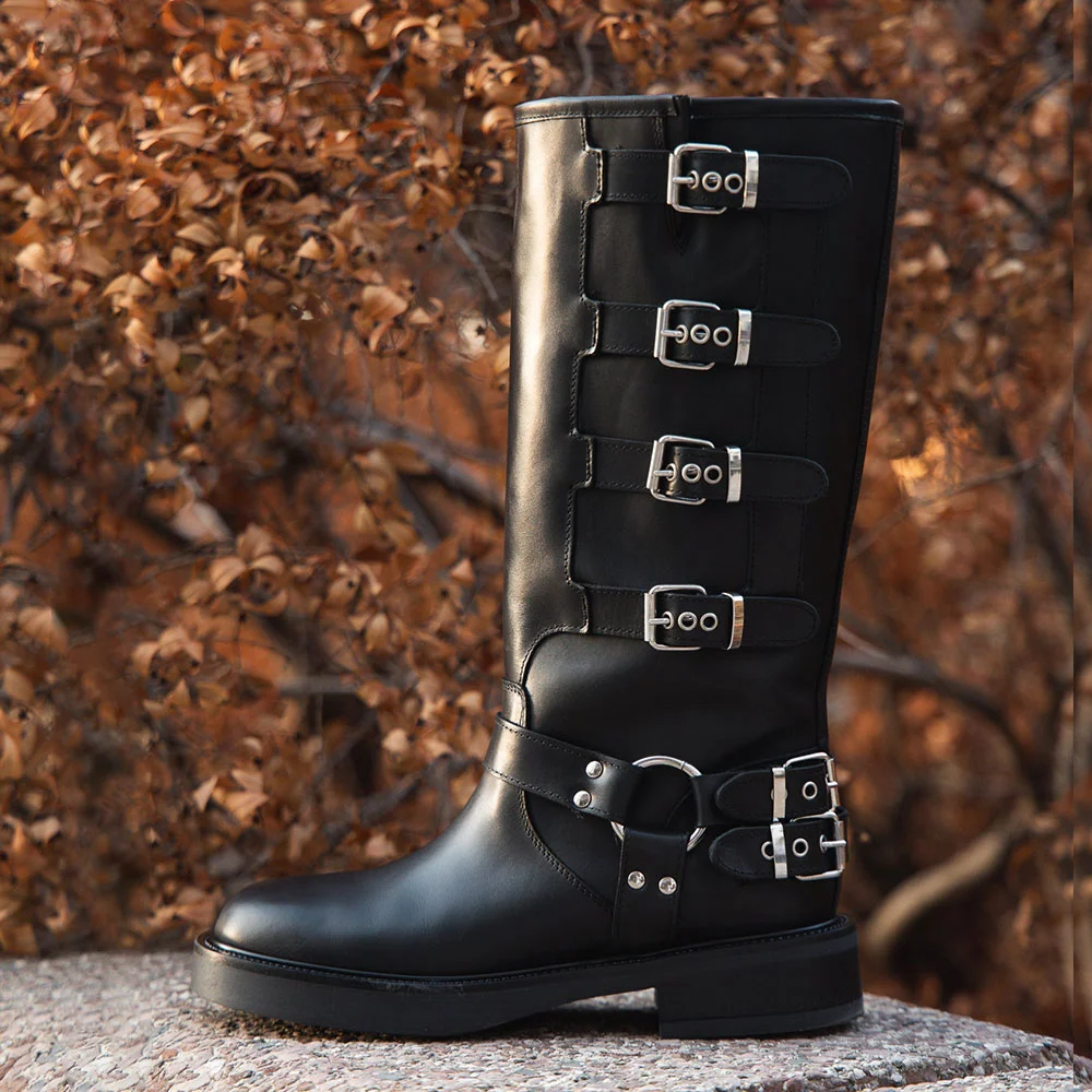 Black Round Toe Chunky Heel Buckle Women's Motorcycle Boots
