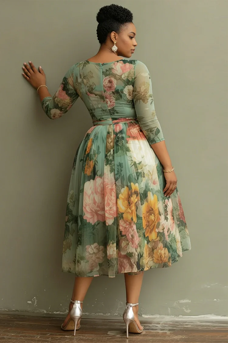 Xpluswear Design Plus Size Vacation Sage Green Floral Round Neck 3/4 Sleeve See Through Tulle Midi Dresses [Pre-Order]