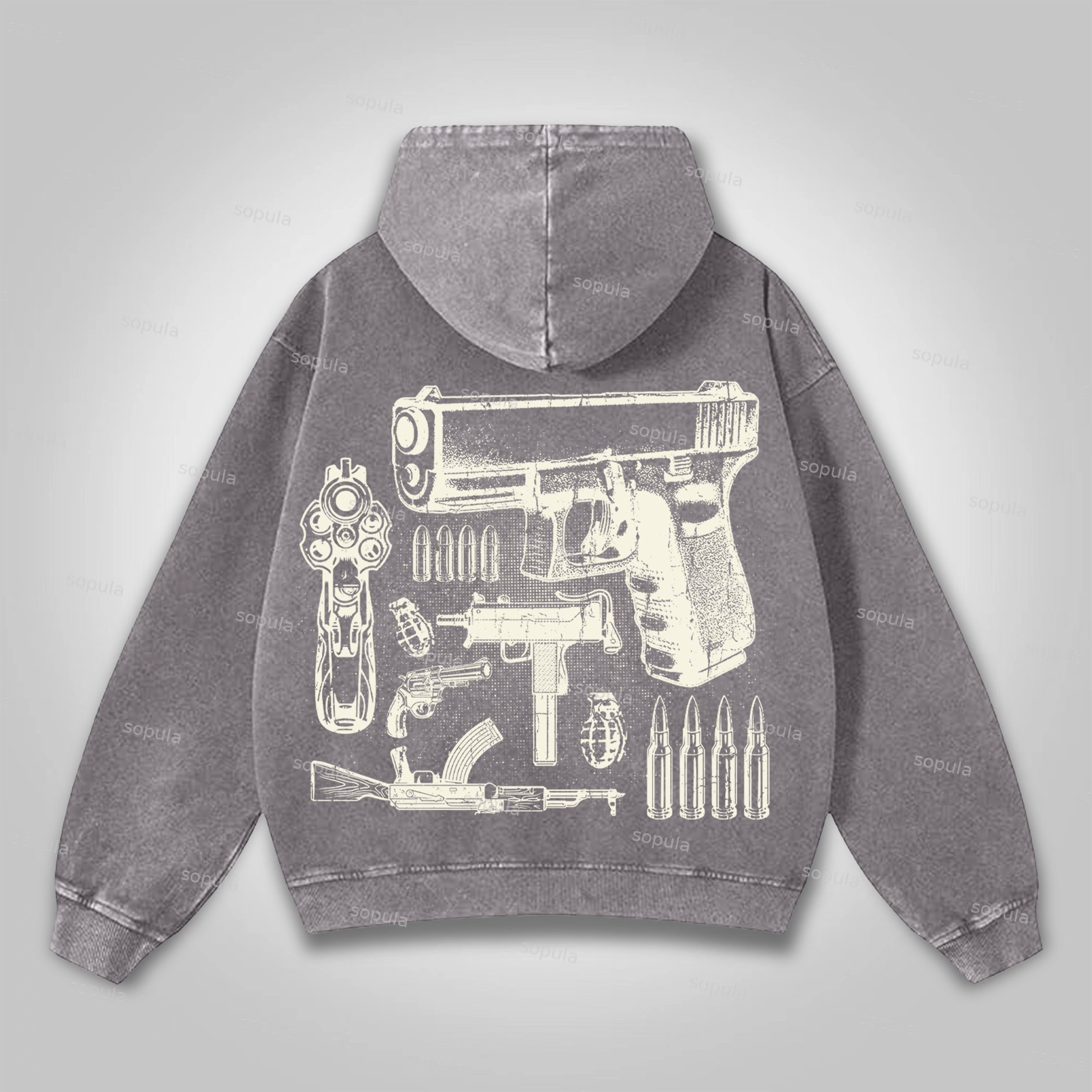 Sopula Who Cares？vintage Outlet Firearms Graphics Washed Distressed Pocket Hoodie
