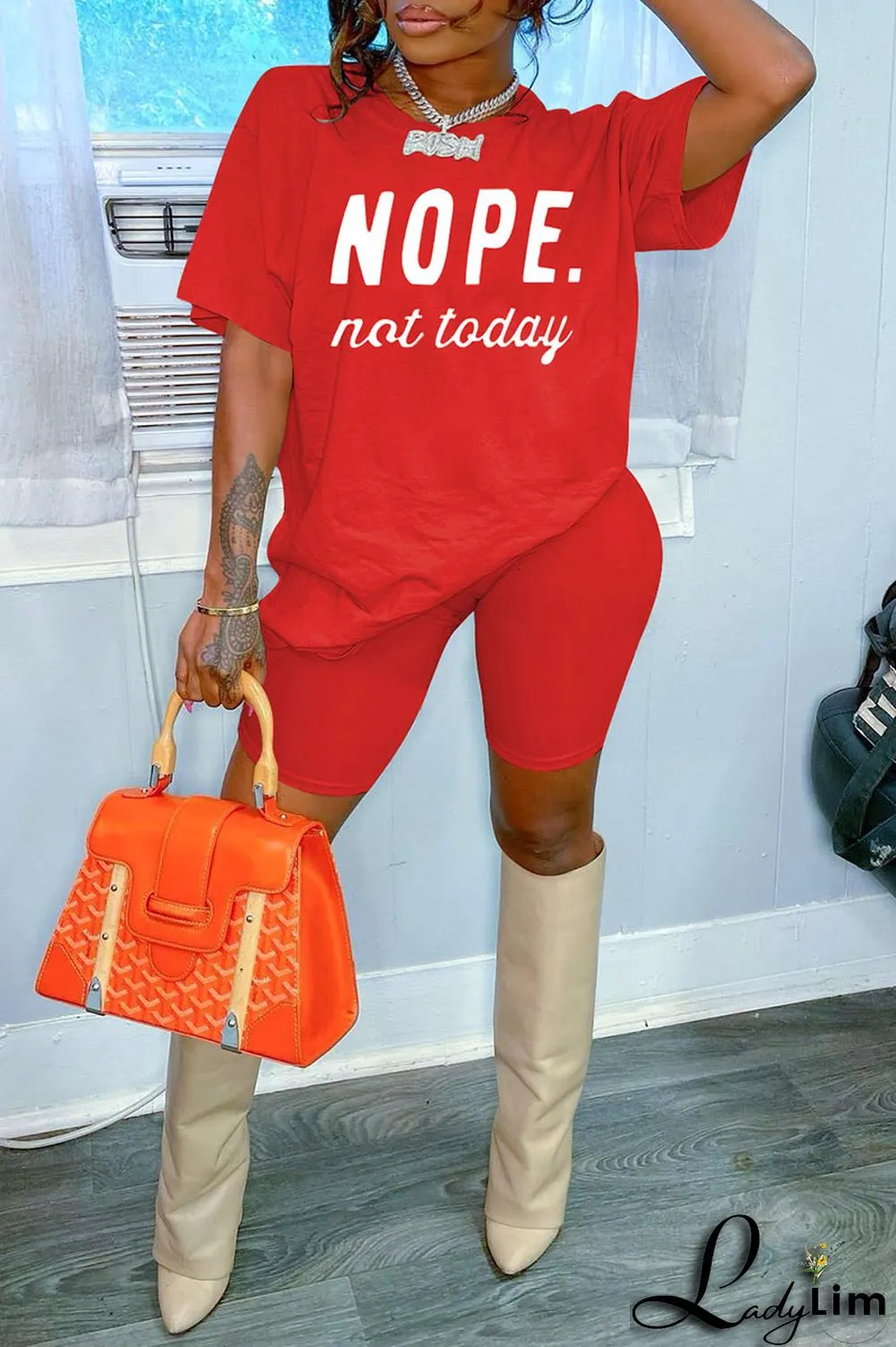 Red Fashion Casual Letter Print Basic O Neck Short Sleeve Two Pieces