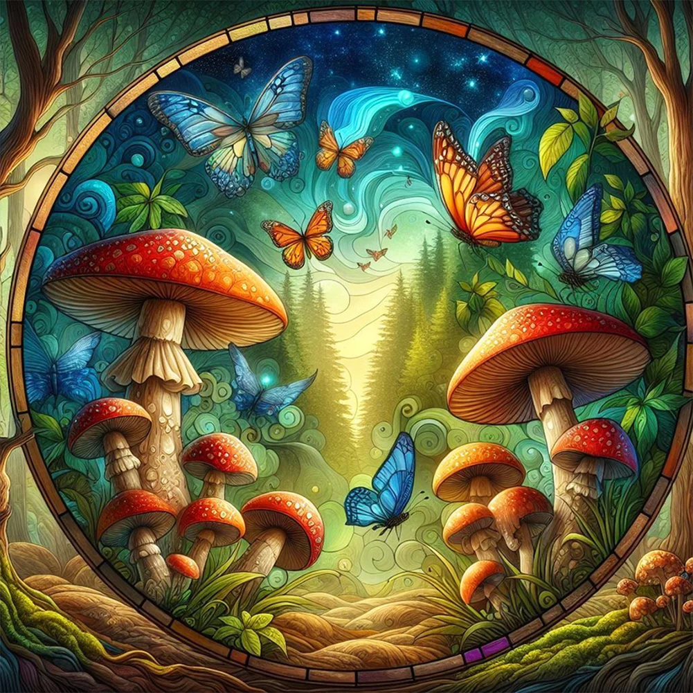Full Round Diamond Painting - Stained Glass Mushroom Forest(Canvas|30*30cm)