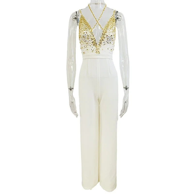 Nigikala Nigikala Star Fashion Spring And Summer New Heavy Industry Handmade Nail Polish Squins Sexy V Sling Straight Jumpsuit