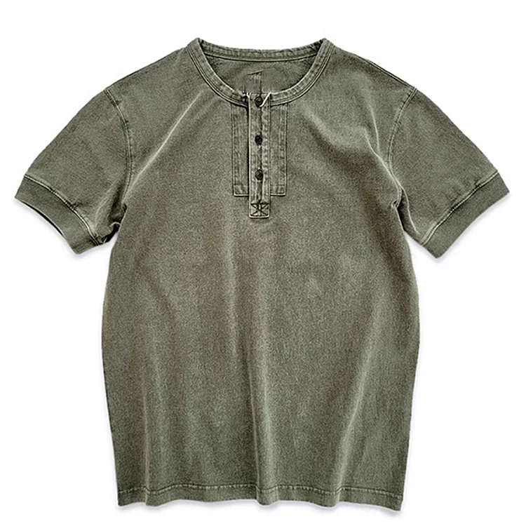 Vintage Cotton Henley Collar Short-Sleeved T-Shirt