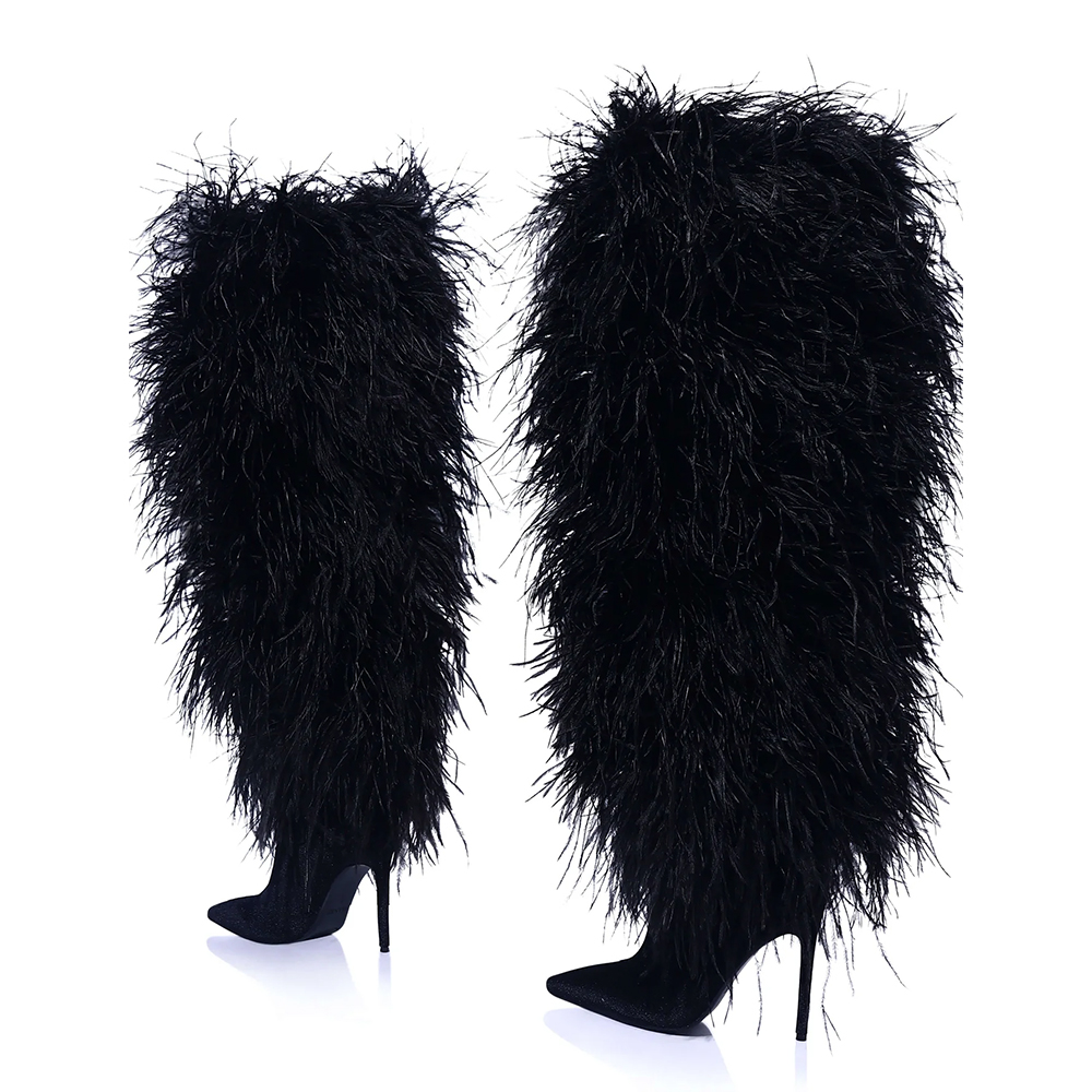 Black Fur Knee-length Boots Women Sexy Pointy Toe High Heels Furry Suede Shoes Outfit Ladies Trendy Party Warmly Winter Shoes  highheelher