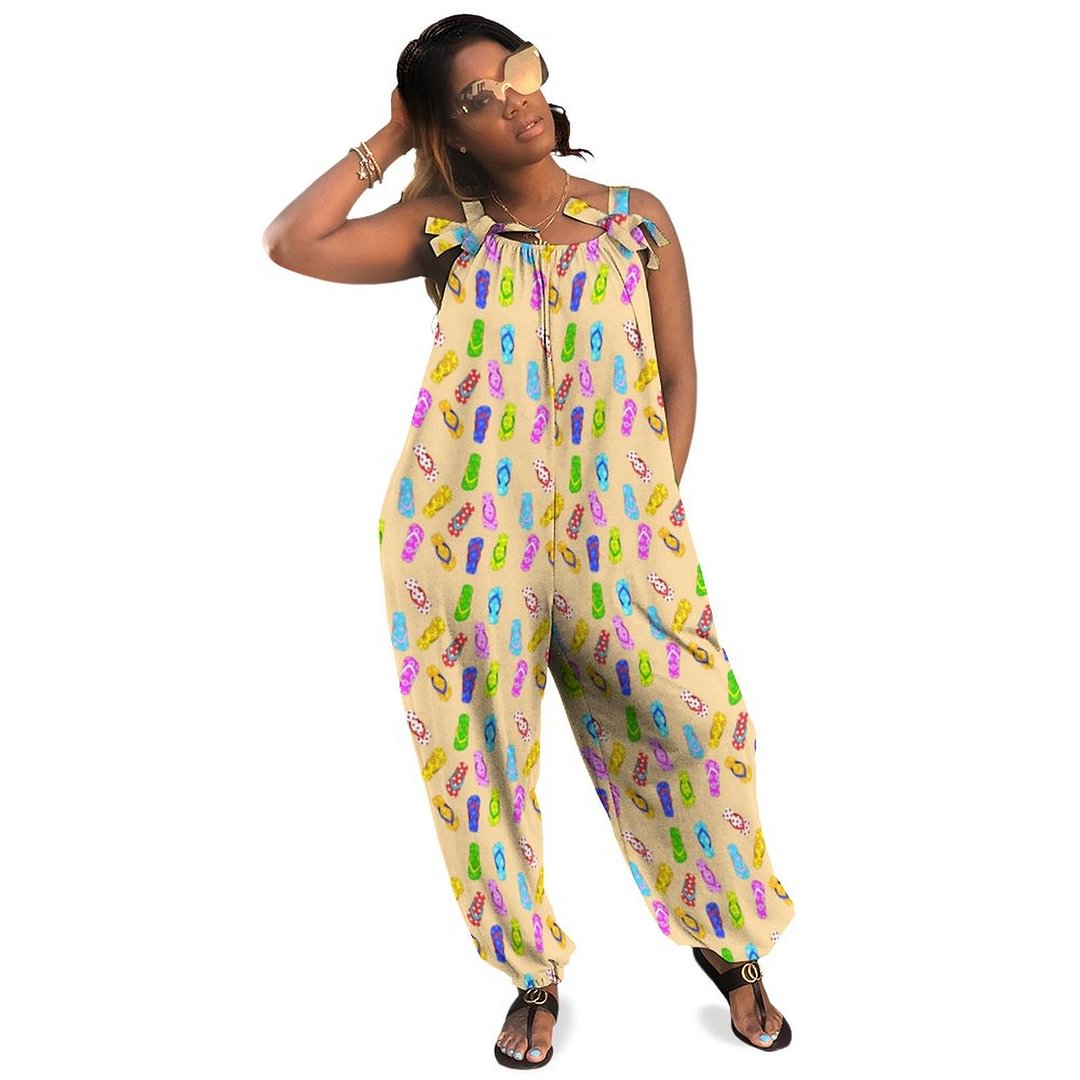 Flip Flop Pattern Boho Vintage Loose Overall Corset Jumpsuit Without Top