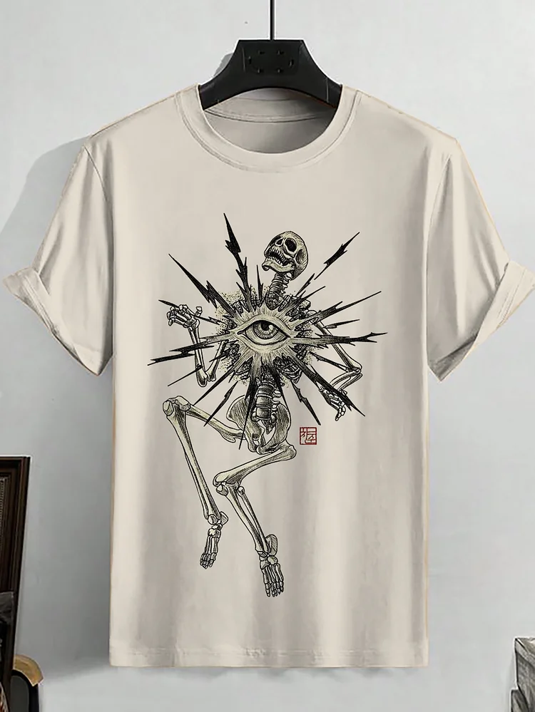 Men's Japanese Skeleton Eyes Graphic Print Cotton Casual T-Shirt