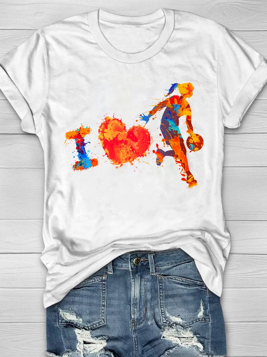 Casual I Love Basketball Print T-Shirt