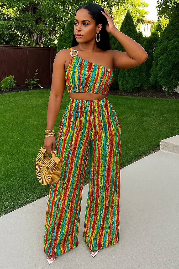 One Shoulder Crop Top Stripe Wide Leg Pants 2pcs Set-Green [Pre Order]