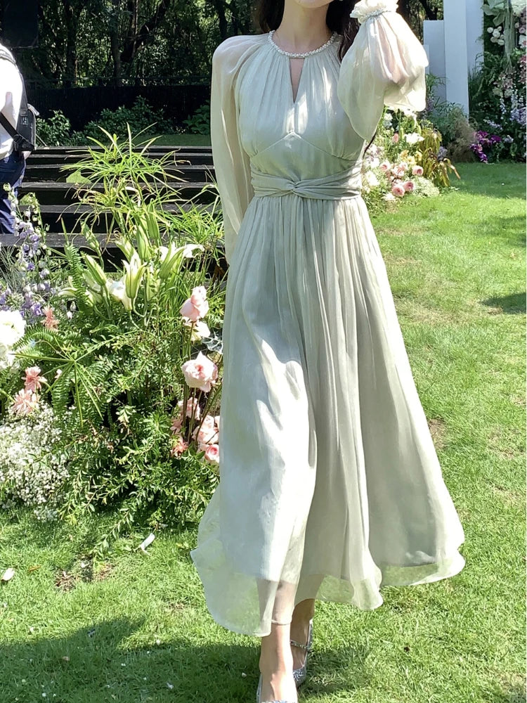Autumn Casual Elegant Chiffon Dress Office Lady Vintage Even Party Midi Dress Women Outwear One Piece Dress Korean Fashion