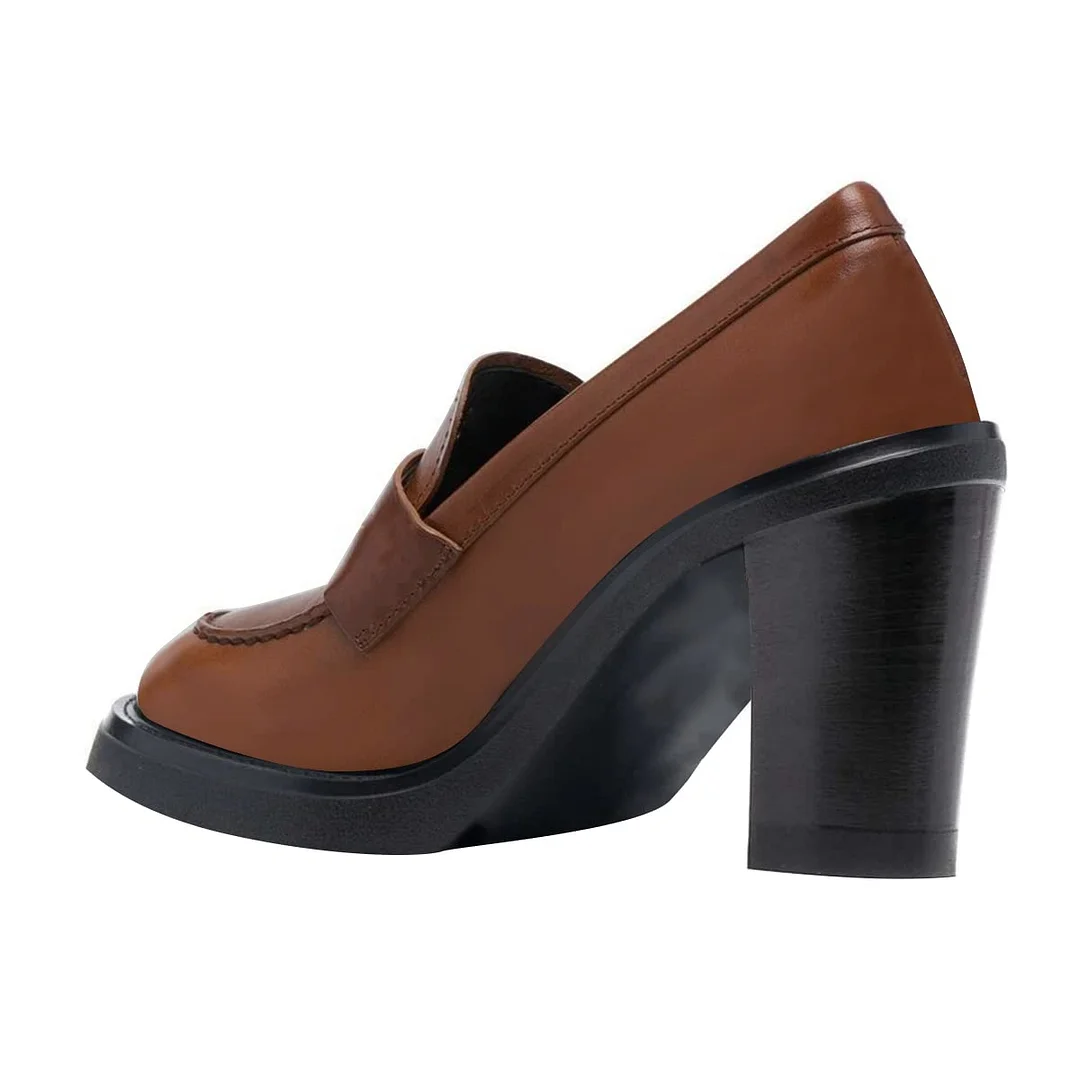 Women's Brown Vegan Leather Round Toe Classy Loafers with Block Heel