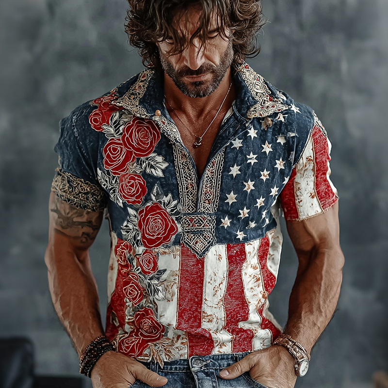  Men's Flag And Floral Pattern Contrast Patchwork Art Polo Shirt Westsshops