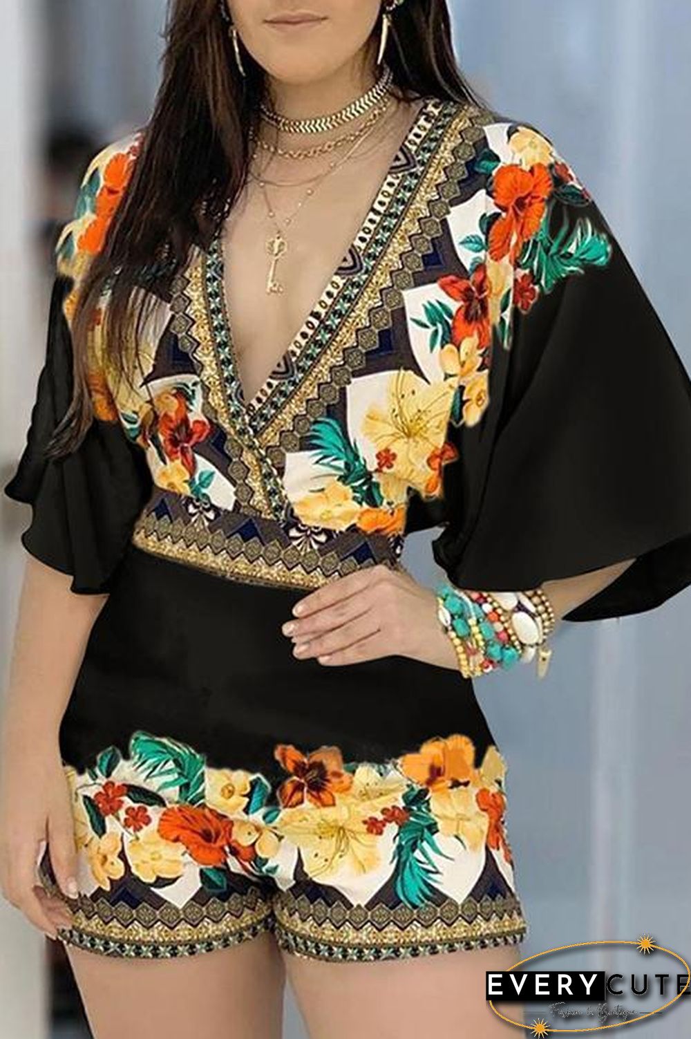 Print V Neck Bat Romper