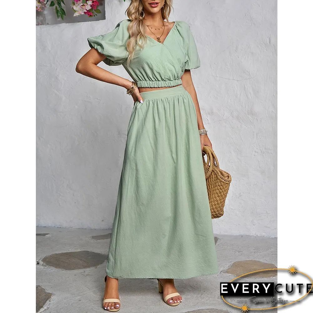 Pea Green V Neck Crop Top and Pocket Skirt Set