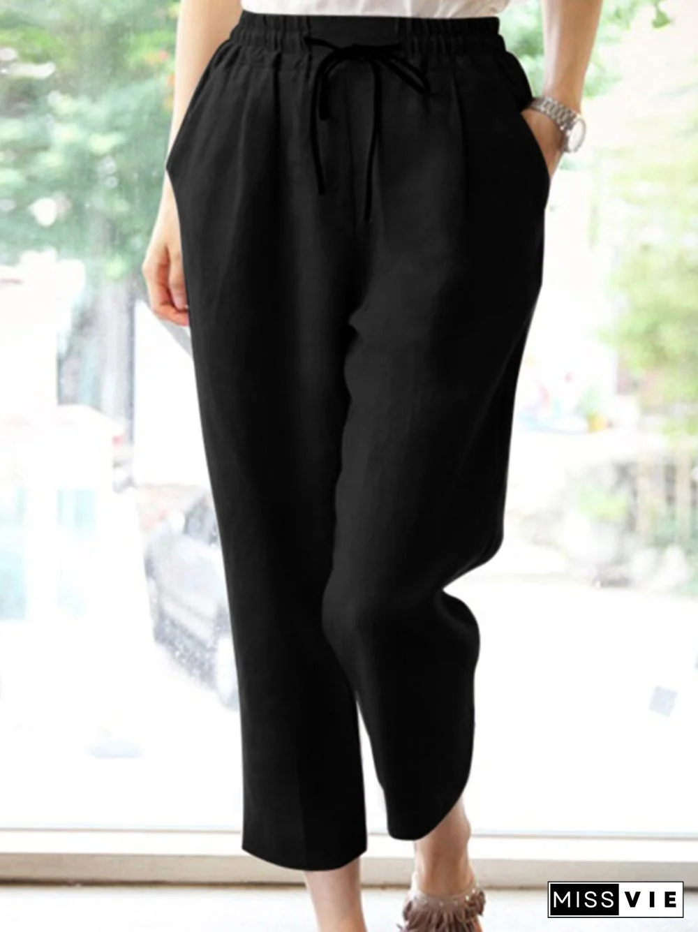 Women Solid Pocket Drawstring Waist Carrot Pants