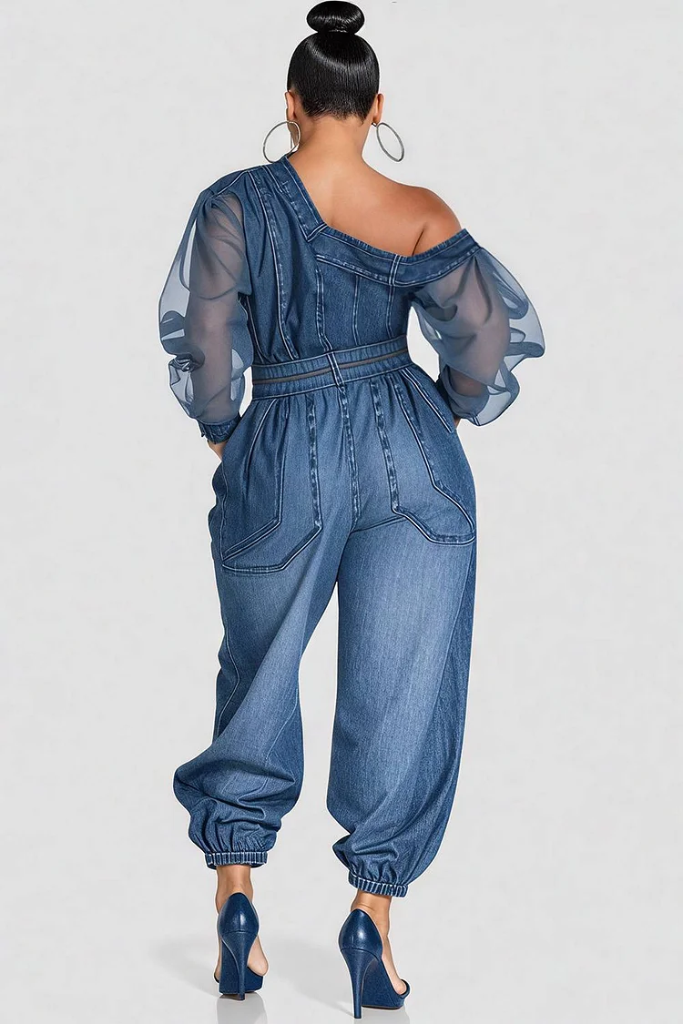 Xpluswear Design Plus Size Business Casual Light Blue Oblique Collar Long Sleeve Contrast Casual Jogging Denim Jumpsuits [Pre-Order]