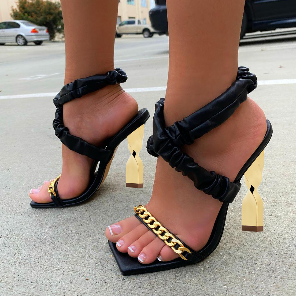 Black Square Toe 4'' Decorative Heel Strappy Sandals with Gold Chain Nicepairs