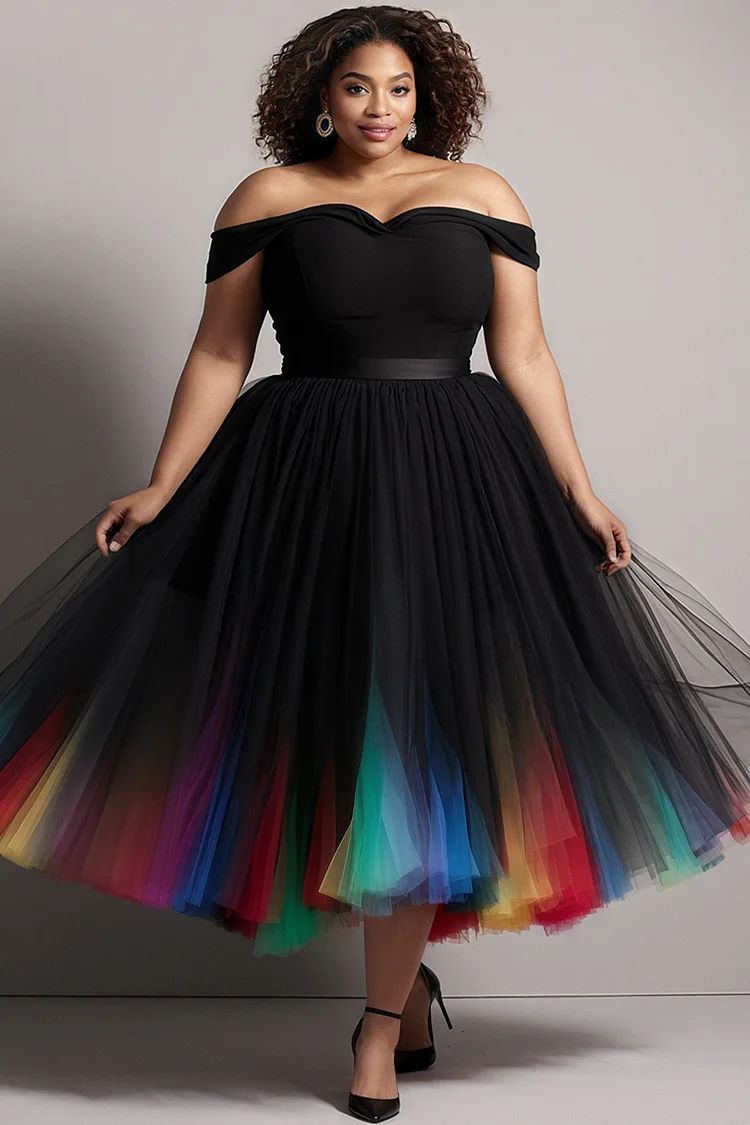 Xpluswear Design Plus Size Cocktail Party Black Gradient Off The Shoulder Tulle Midi Dresses [Pre-Order] 2024 - Xpluswear