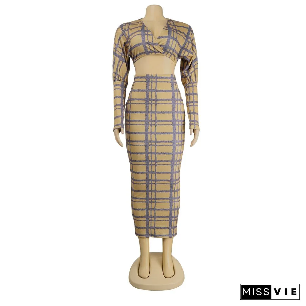 Plaid Long Sleeve Crop Top Bodycon Maxi Skirt Set