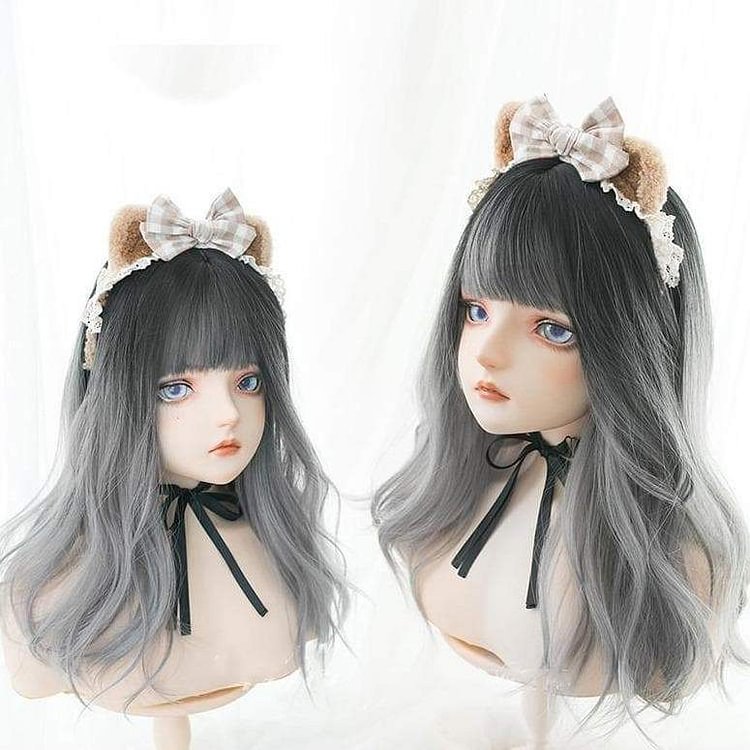 Black Gray Gradient Cute Girl  Large Wavy Curl Wig SP15630