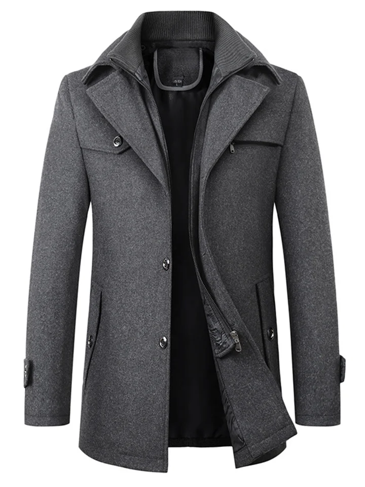 Men's Winter Coat Wool Coat Overcoat Business Camping & Hiking Winter Wool Windproof Warm Outerwear Clothing Apparel Basic Essential Solid Colored Turndown-Mixcun