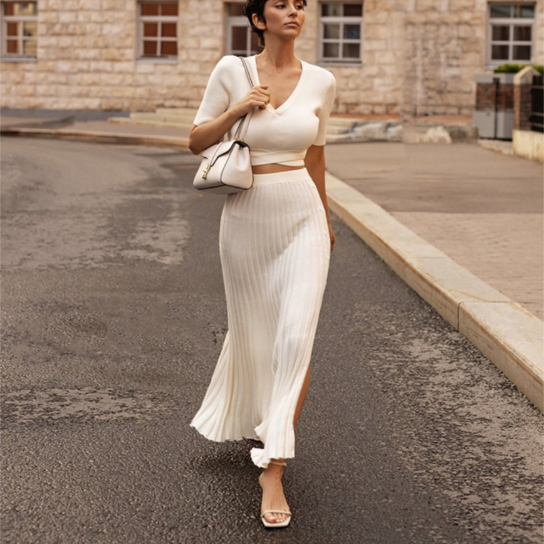 Ootddress Knit Summer White Two Piece Women Fashion Holiday Elegant Party Maxi Skirt Outfits High Split Knitwear Female Sets Skirt