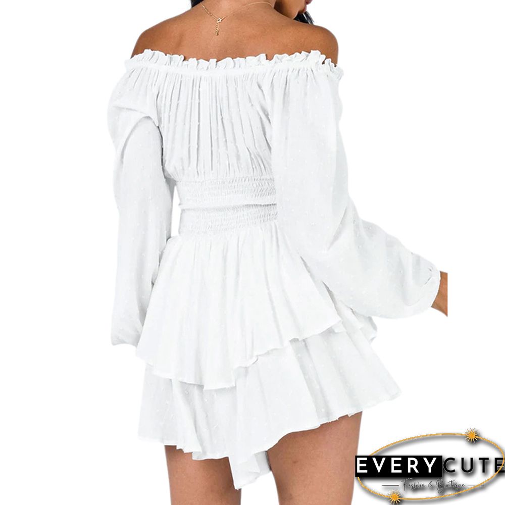 White Off Shoulder Pleated Ruffled Long Sleeve Romper