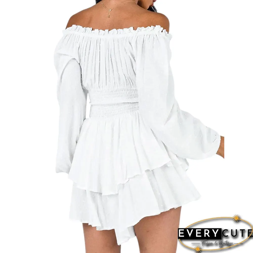 White Off Shoulder Pleated Ruffled Long Sleeve Romper