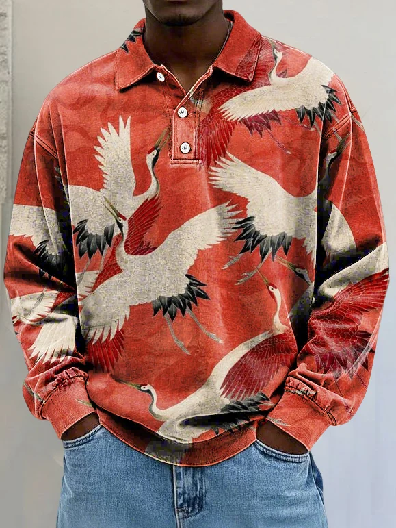 Men's Vintage Crane Art Print Lapel Long Sleeve Polo Shirt
