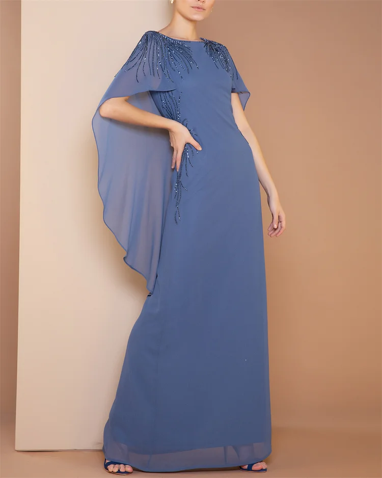 Women's Crew Neck Blue Shawl Embroidered Dress