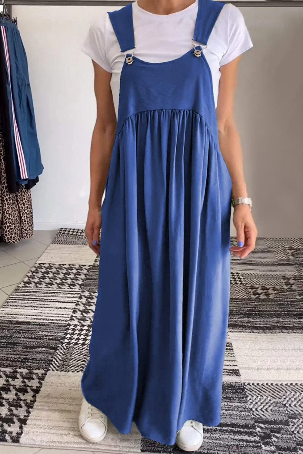 Plus Size Everyday Blue Cotton And Linen Sleeveless Overall Maxi Dress 2024 - Flycurvy 