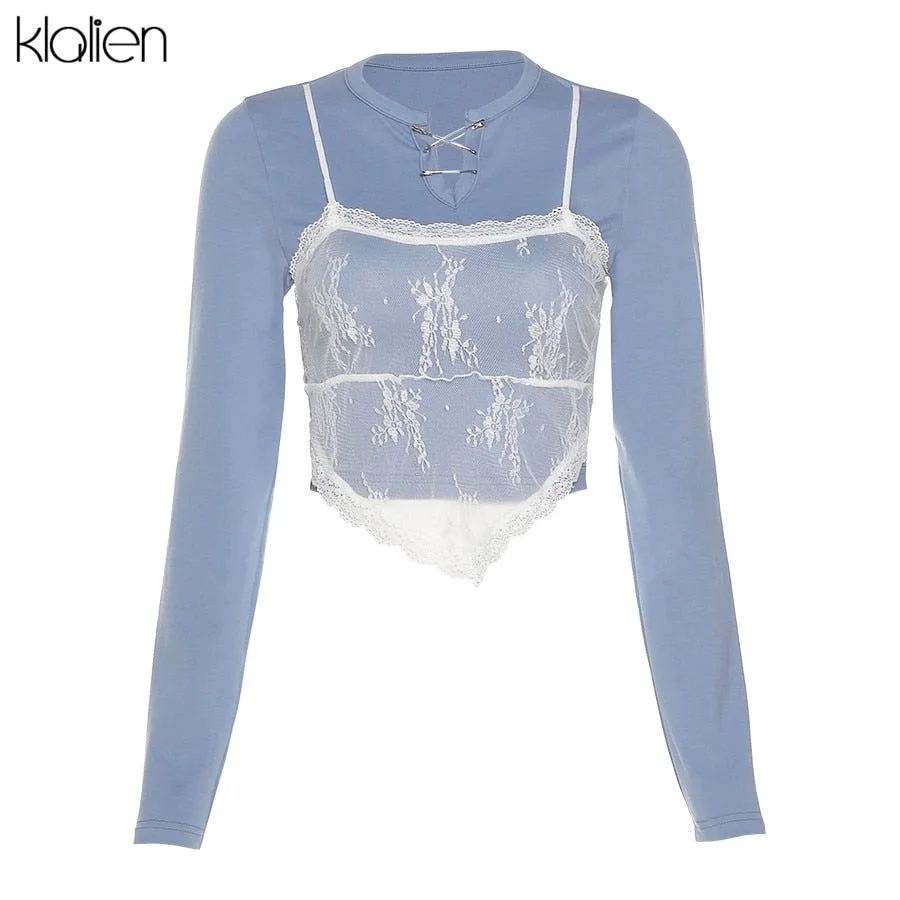 KLALIEN Fashion Casual Lace 2 Pieces T Shirt For Women Autumn New Simple Solid Soft Cotton Wild Basic Female Top Office Lady