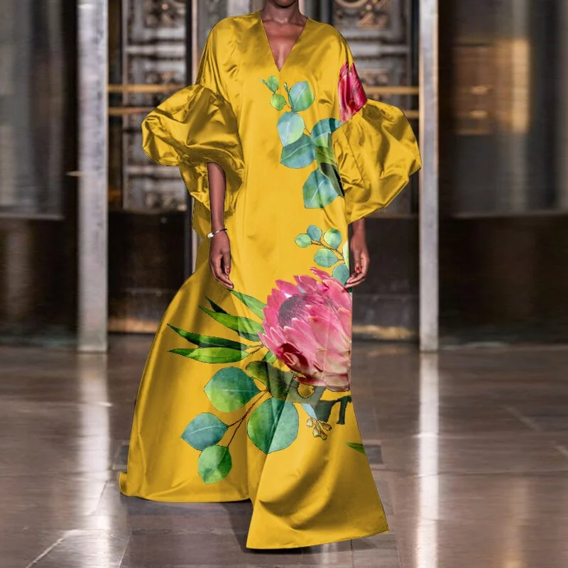 VONDA 2022 Summer Women Lantern Sleeve Dress Bohemian Vestidos Loose Solid V Neck Spring Party Sundress Satin Silk Robe Oversize