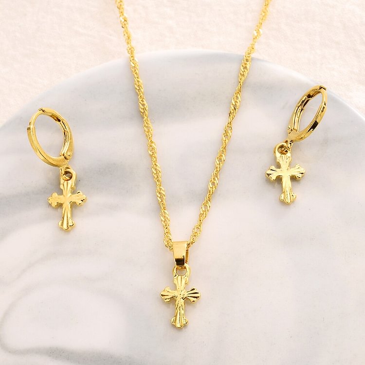 gold small mini  cross Pendant Necklace chain Earrings sets