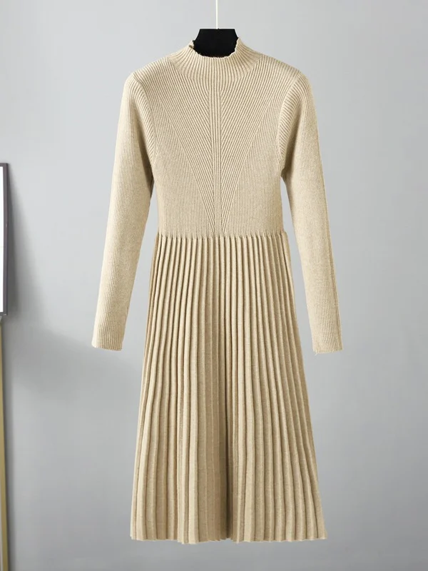 Stylish Long Sleeves High Waisted Pleated Solid Color Half Turtleneck Sweater Dresses