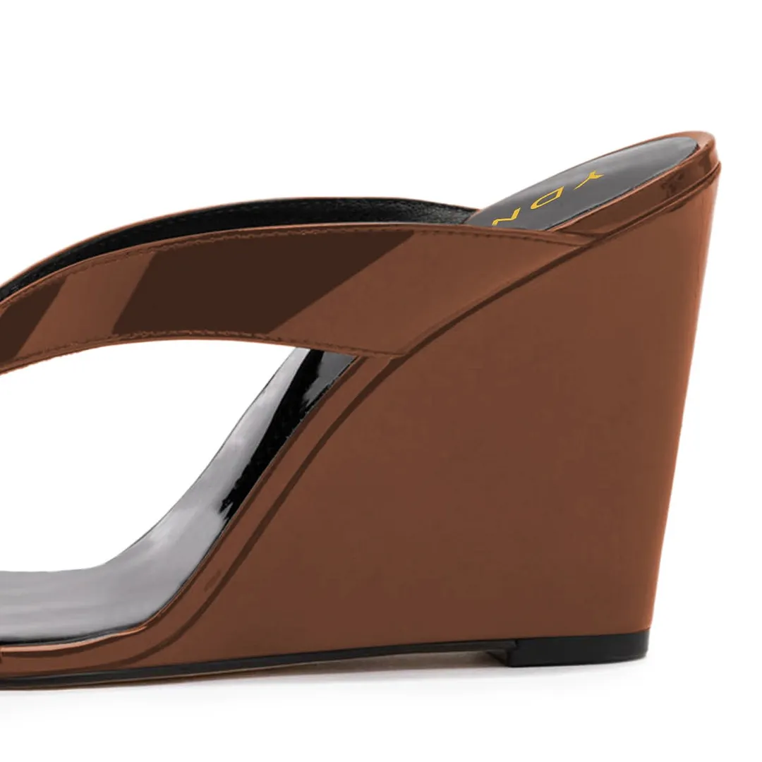 Patent Leather Open Round Toe Slip-On Wedge Sandals in Brown