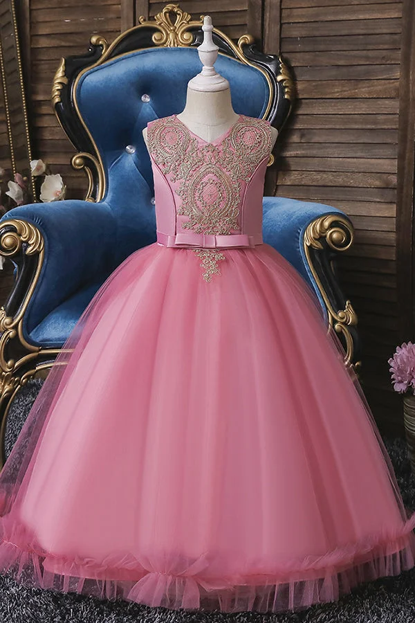 Hellodresses Princess Sleeveless Tea Length Flower Girl Dress with Appliques 