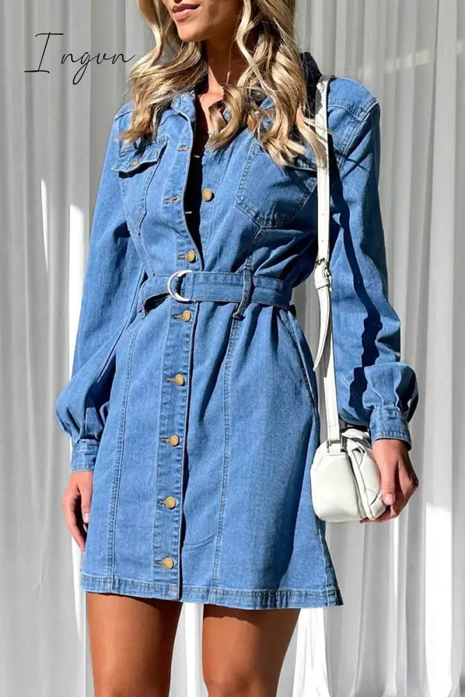 Ingvn - Casual Solid Pocket Buckle With Belt Turndown Collar Long Sleeve Straight Denim Dresses