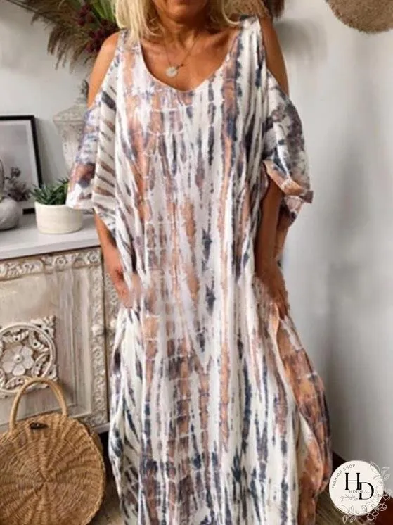 Dresses Loose Tie-Dye Printed Off-The-Shoulder Long Sleeve Dress for Women
