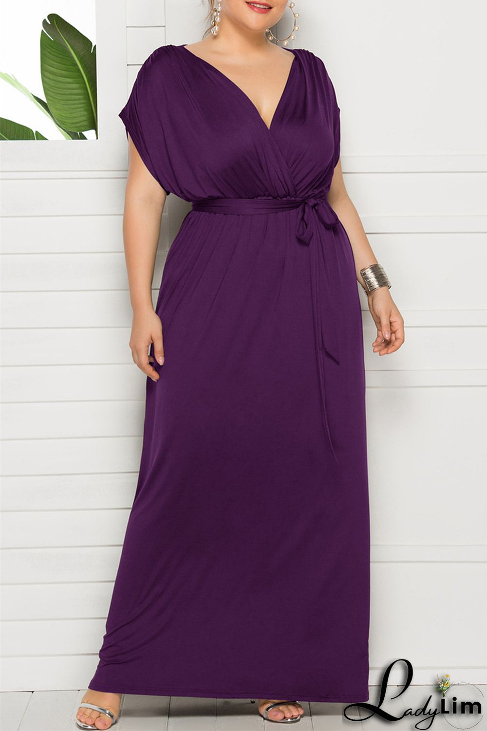 Burgundy Fashion Casual Plus Size Solid Split Joint V Neck Long Dress