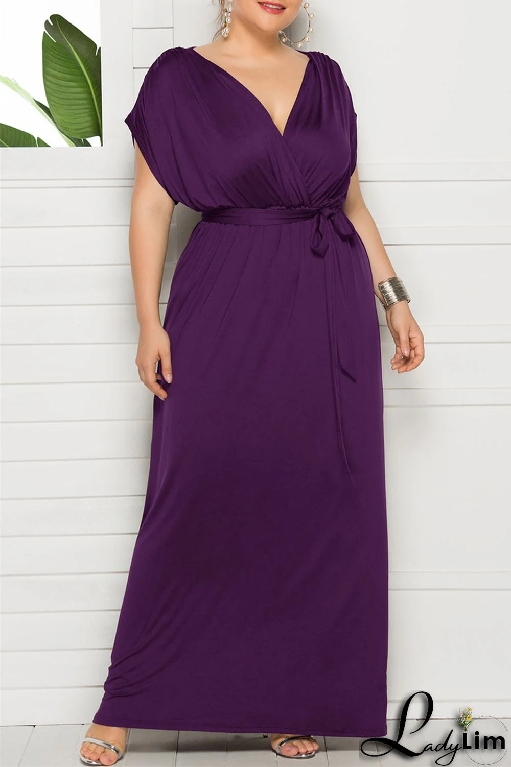 Burgundy Fashion Casual Plus Size Solid Split Joint V Neck Long Dress