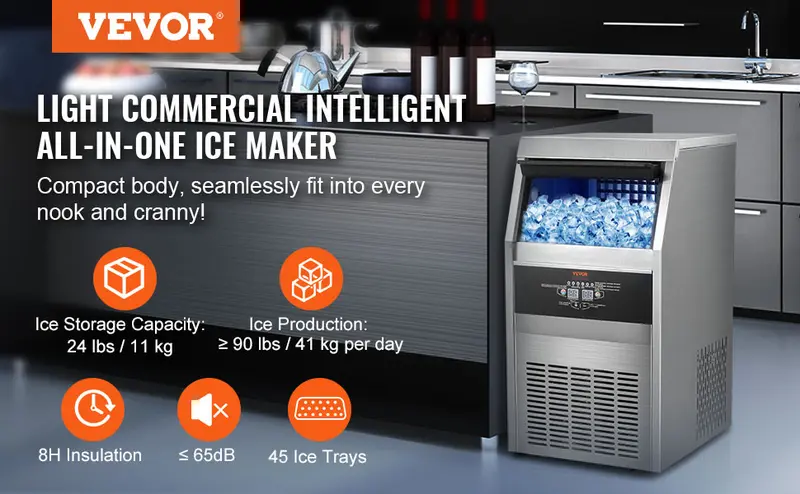 Product Introduction of VEVOR 110V Commercial Ice Maker Machine 120-130LBS/24H with 33LBS Bin. Stainless Steel Automatic Operation Under Counter Ice Machine for Home Bar. Include Water Filter. Scoop VEVOR Super Brand Day 0