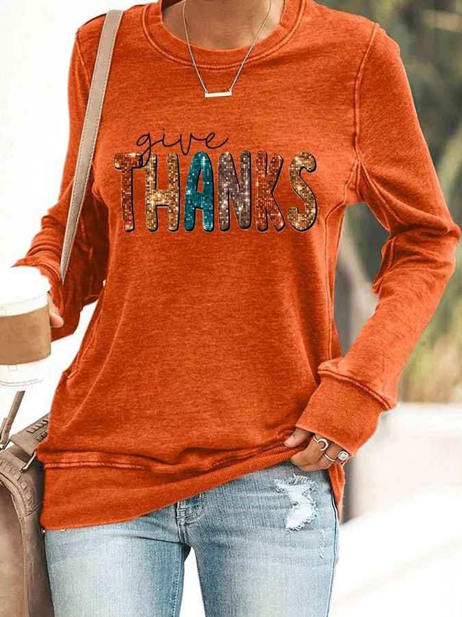 Women's Casual Give Thanks Printed Long Sleeve Sweatshirt 