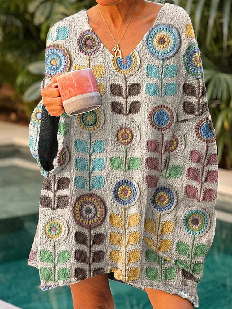 Women's Vintage Floral Art Print Casual Pullover Sweater