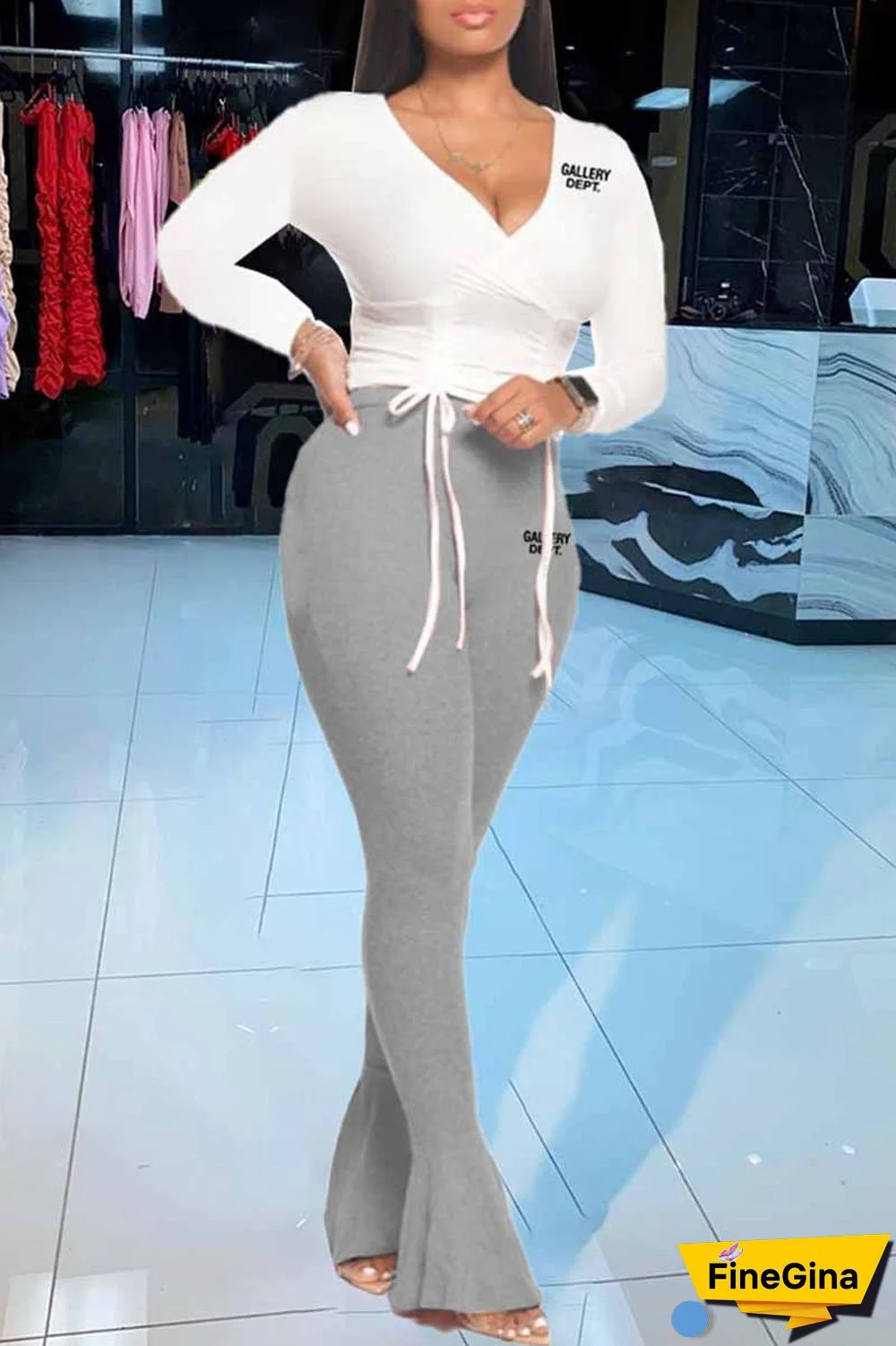 White Grey Casual Print Letter V Neck Long Sleeve Two Pieces