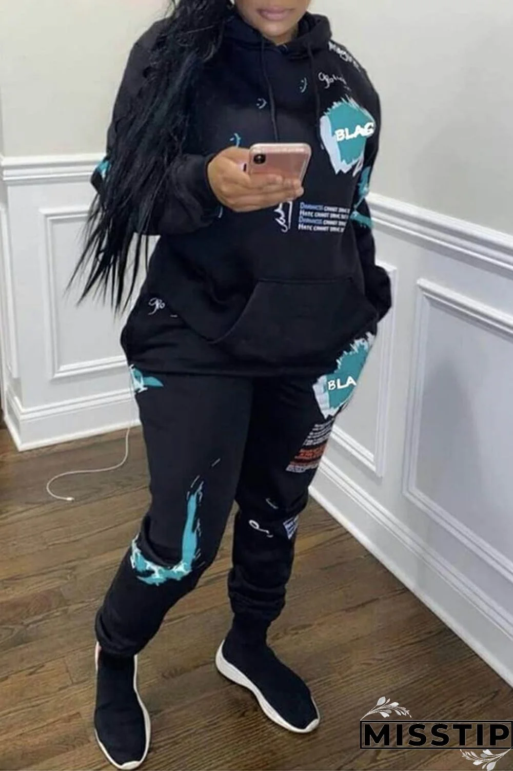 Black Casual Print Patchwork Hooded Collar Plus Size Two Pieces