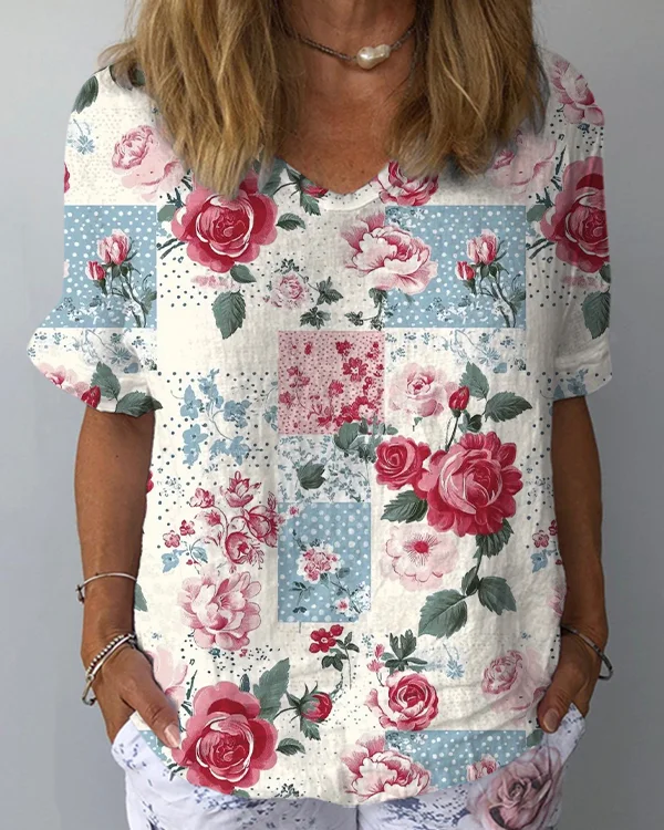 Retro Artistic Floral Loose Short Sleeve Top