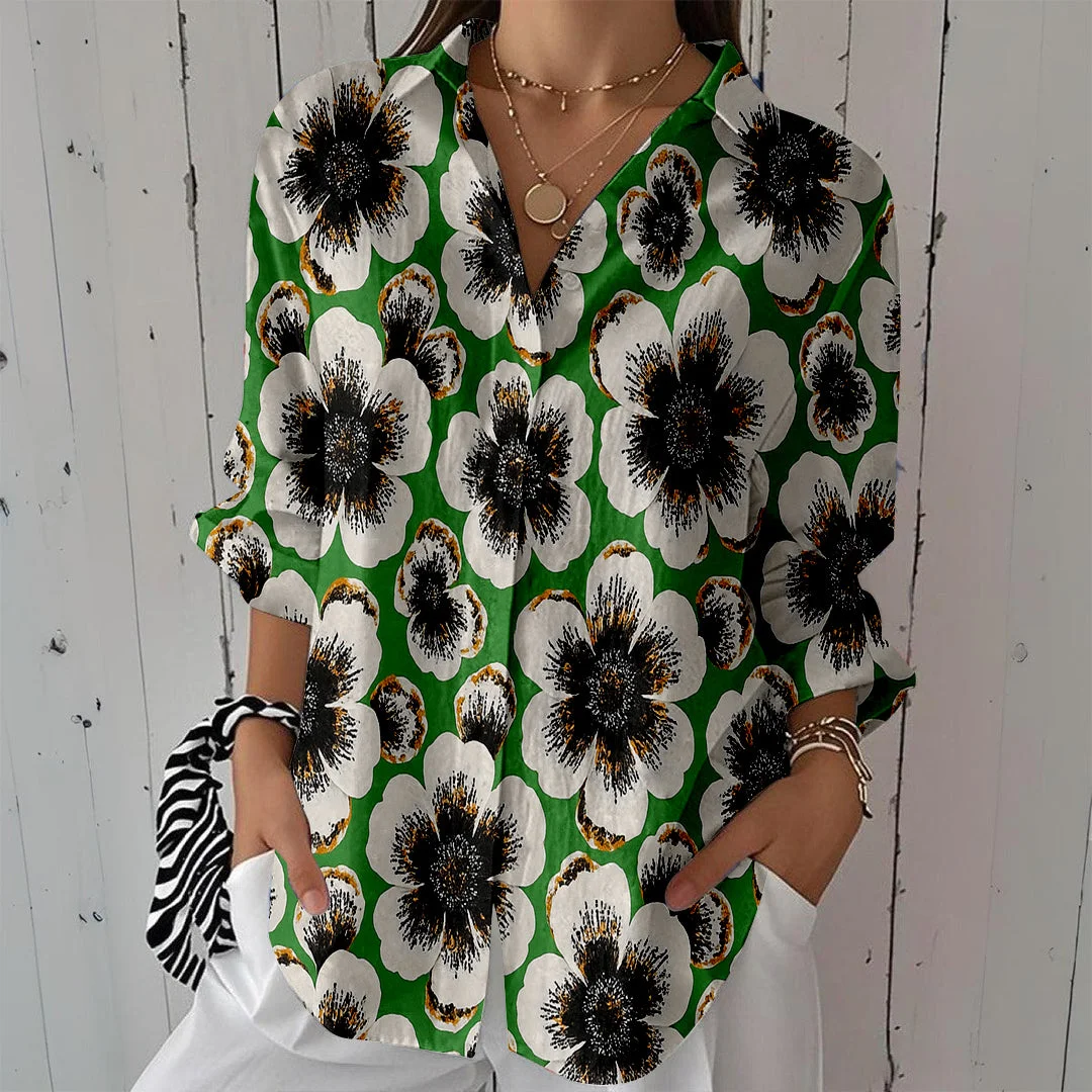 Style & Comfort for Mature Women Women Floral, Green, Black DZCL0128 3/4 Sleeve Shirt Collar Printed Button Tops