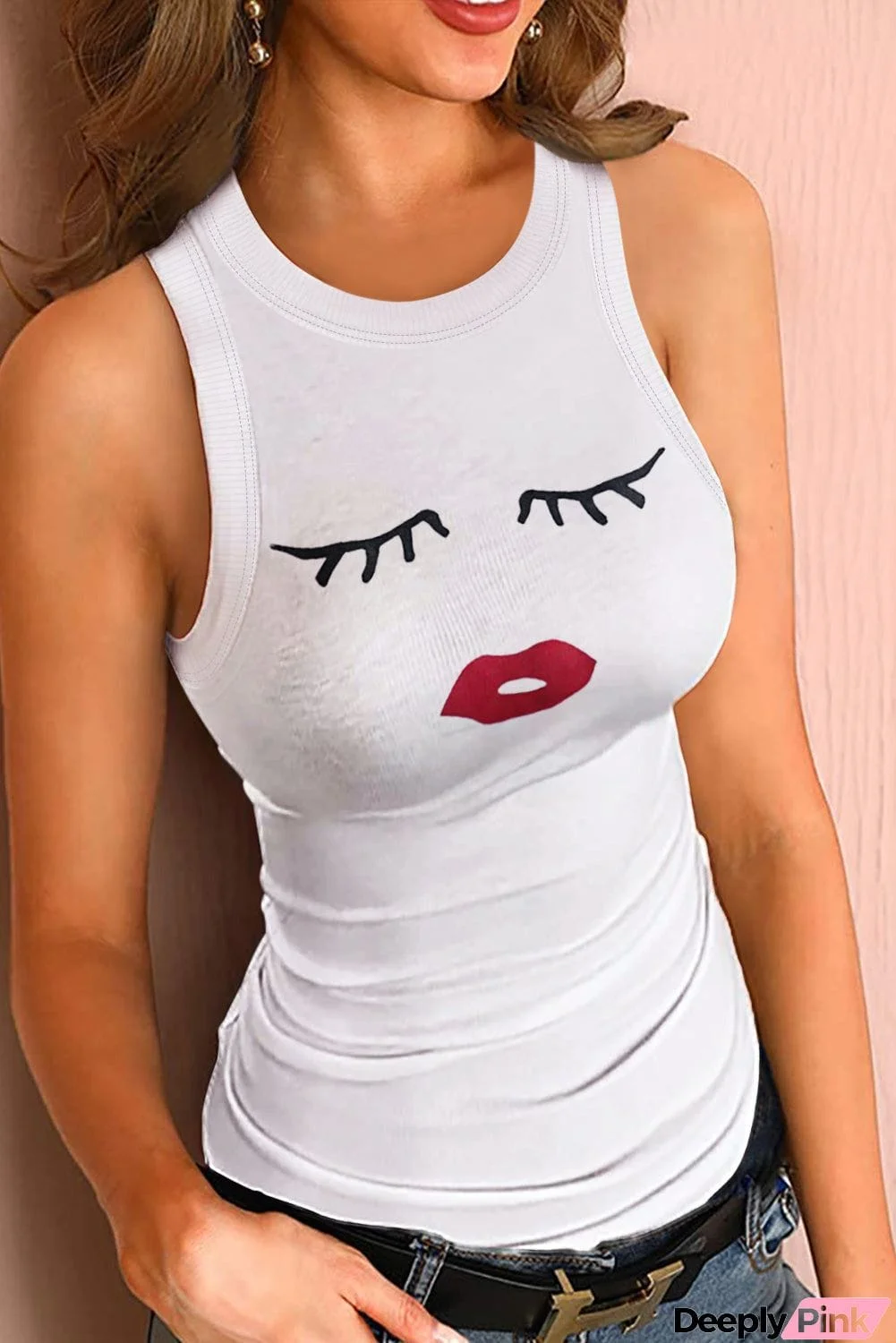 Eyelash Lip Print Round Neck Tank Top