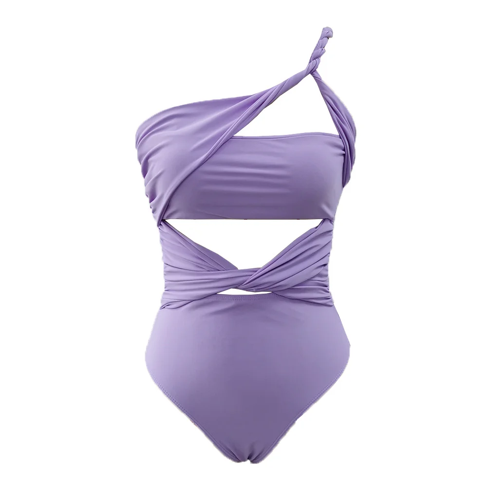 Churchf Solid Color Cross-Shoulder Hollow One-Piece Swimsuit Women 2025 New High-Waisted Integrated Export Swimsuit